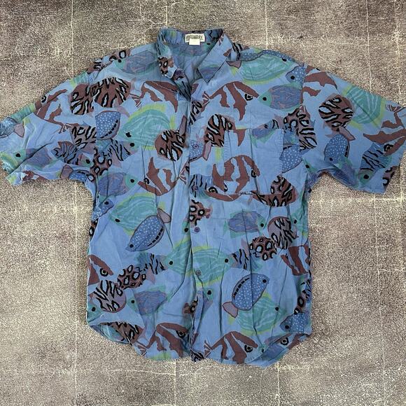 Men's Vintage 90's Union Bay Fish Tank All Over Print Button Up Polo Shirt Sz M - Picture 1 of 4